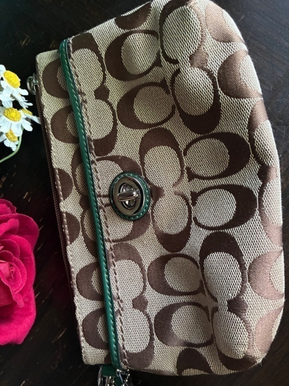 Coach Brown Signature Canvas Wristlet with Green Trim
